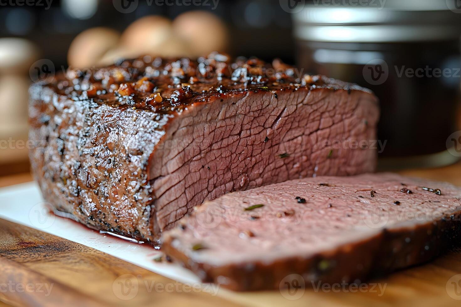 Juicy Sliced Roast Beef on Cutting Board for Culinary Presentation or Recipe Design photo