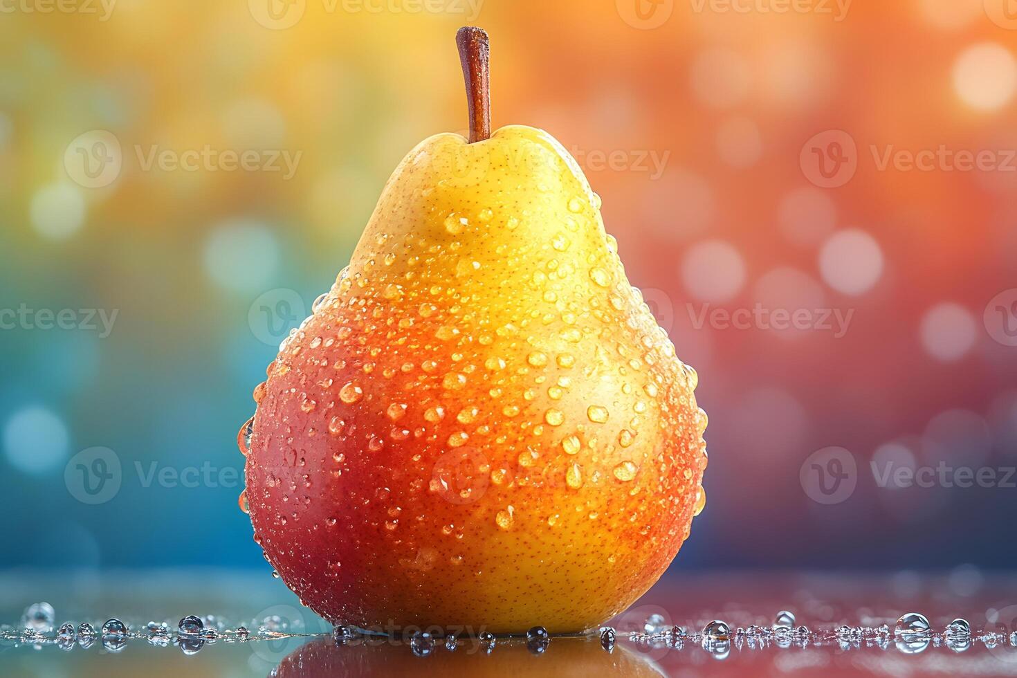 Vibrant Pear with Water Droplets Against Colorful Bokeh Background photo
