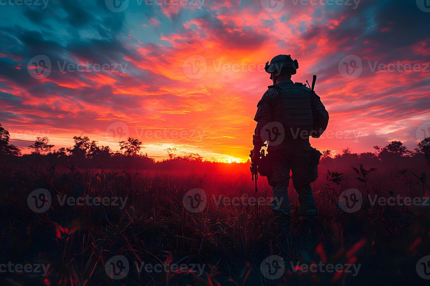 Silhouette of a Soldier at Sunset in a Tranquil Field photo
