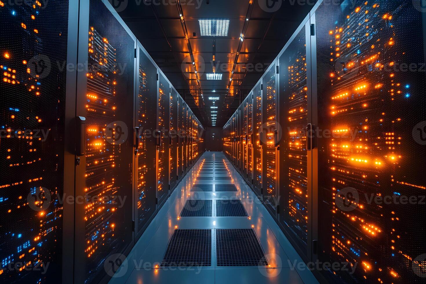High-Tech Data Center Corridor with Illuminated Server Racks for Advanced Computing photo