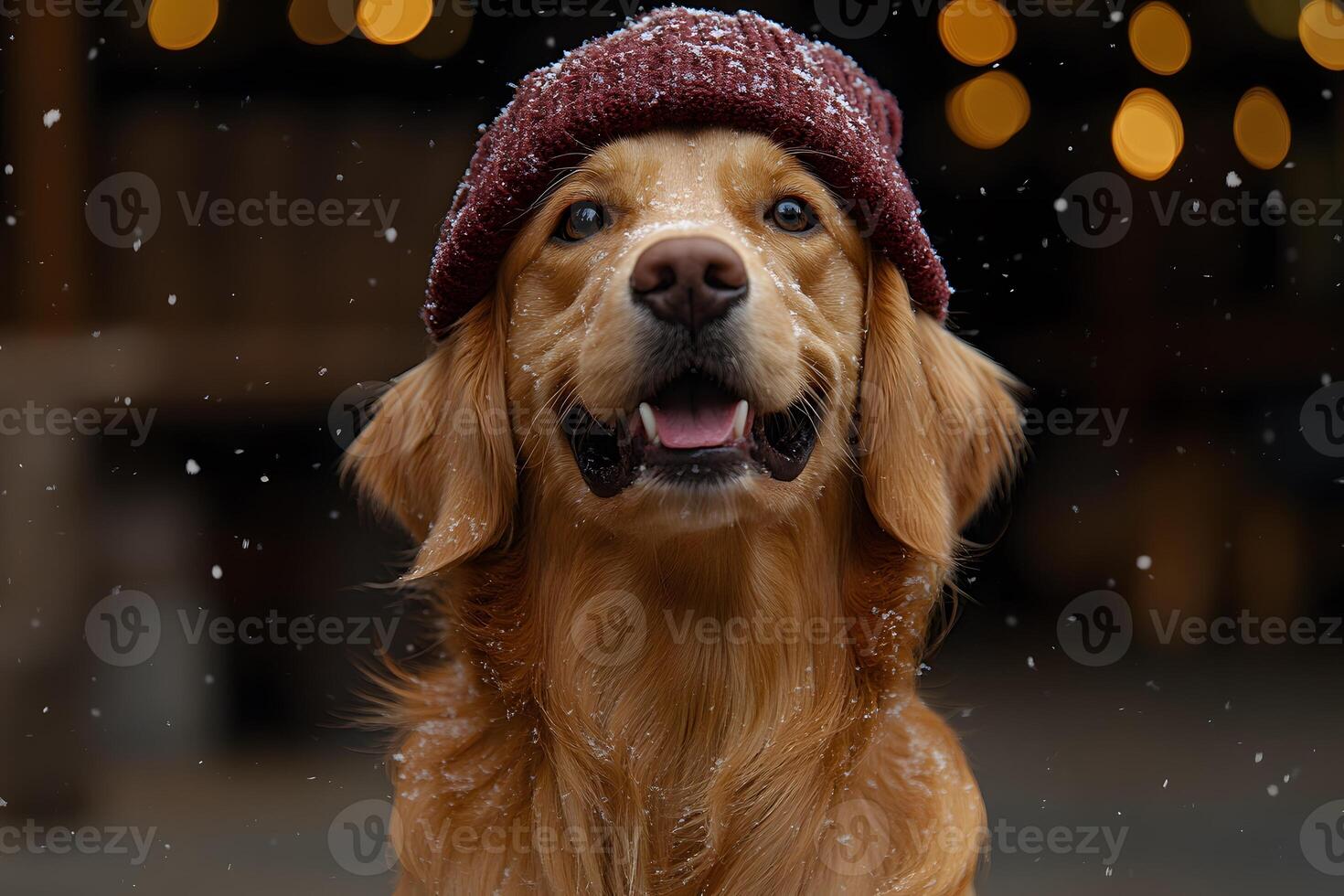 Golden Retriever in Winter Hat Enjoying Snowfall - Perfect for Pet-Lover Designs photo
