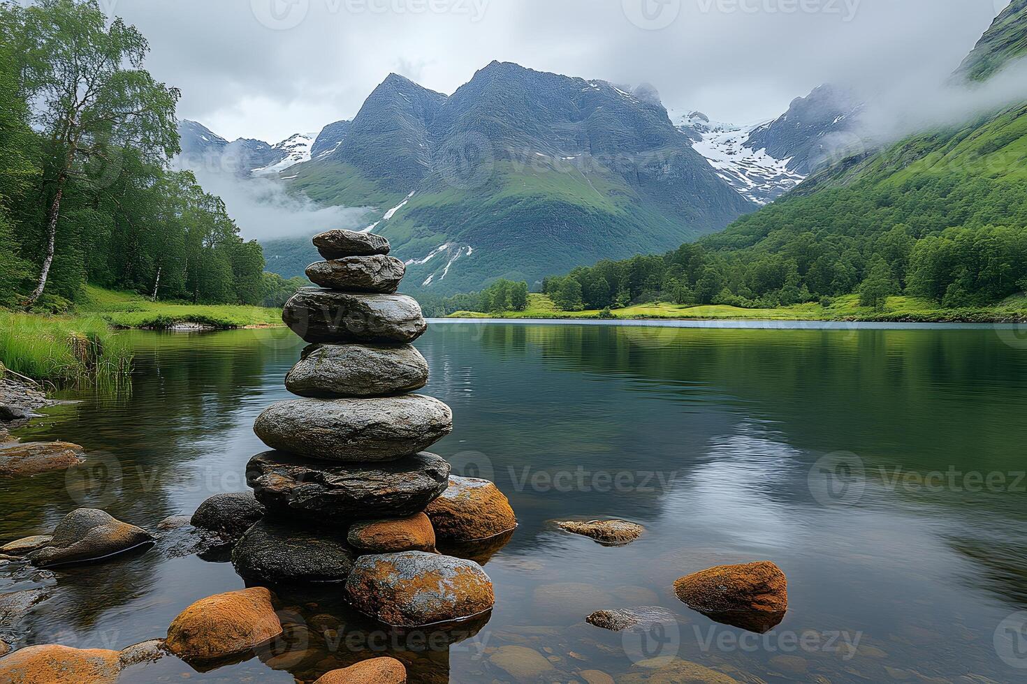 Tranquil Mountain Lake with Rock Cairn Highlighting Natural Serenity for Nature and Travel Design photo