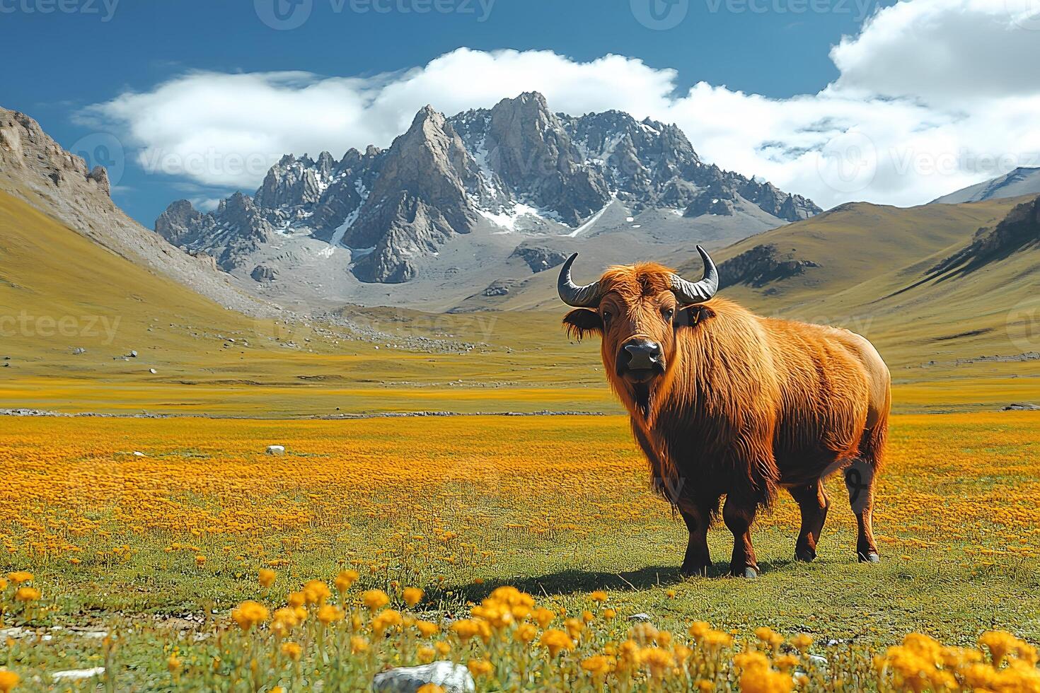 Majestic Yak in Mountain Landscape with Yellow Wildflowers for Nature Photography photo