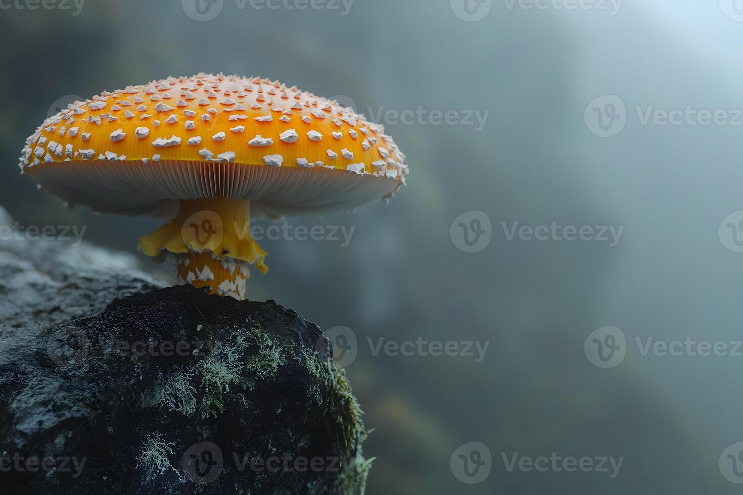 Autumn Mushroom on Moss-Covered Rock in Misty Forest Setting for Nature and Botany Themes photo
