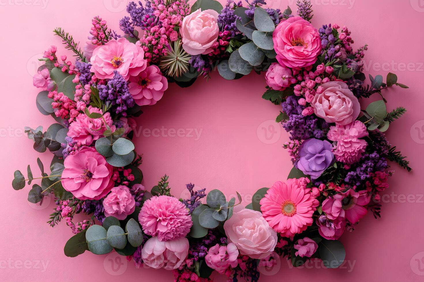 Floral Wreath with Pink and Purple Blossoms on a Pink Background for Seasonal Decor photo