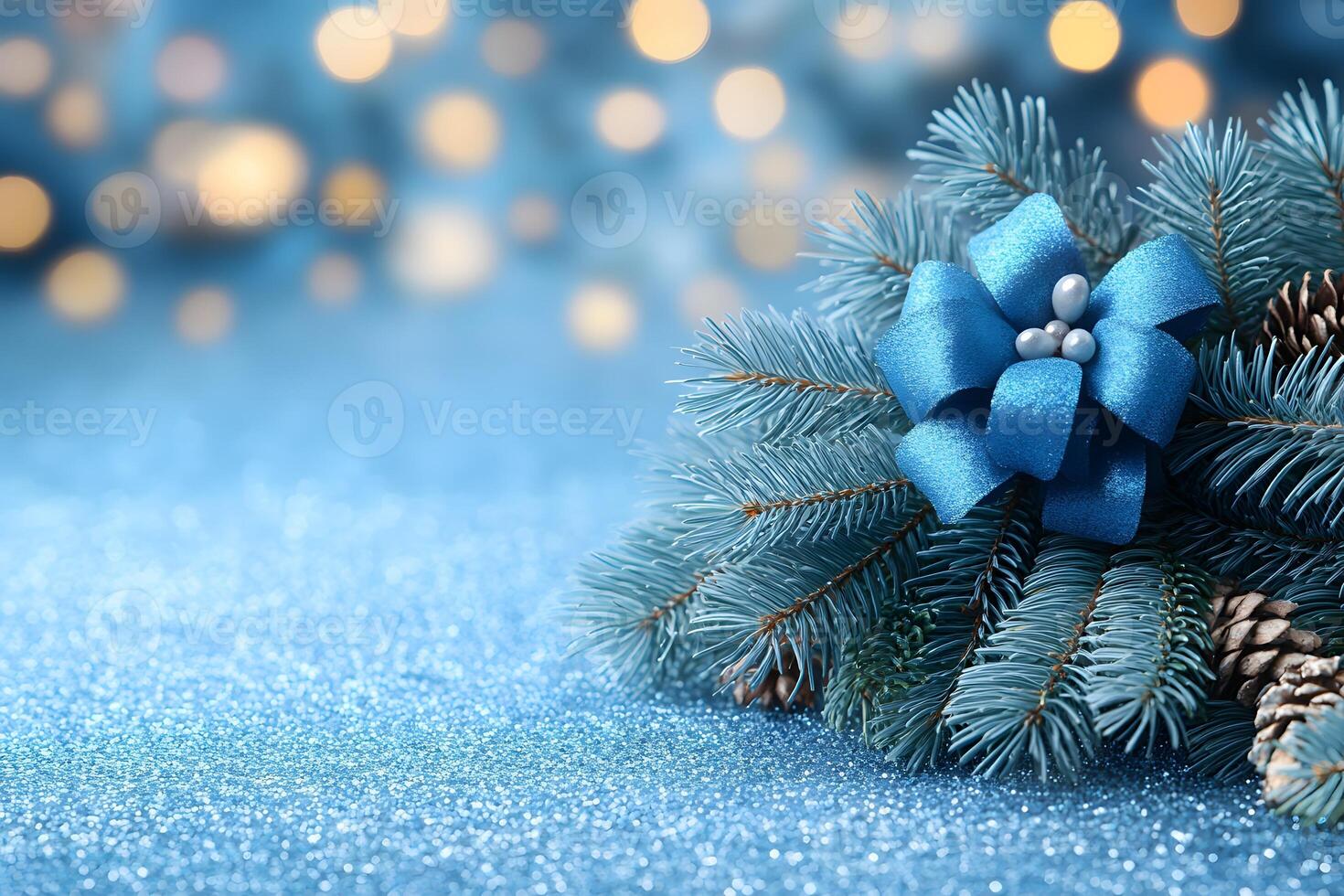 Elegant Christmas Decoration with Blue Pine and Festive Bokeh Background for Holiday Design photo