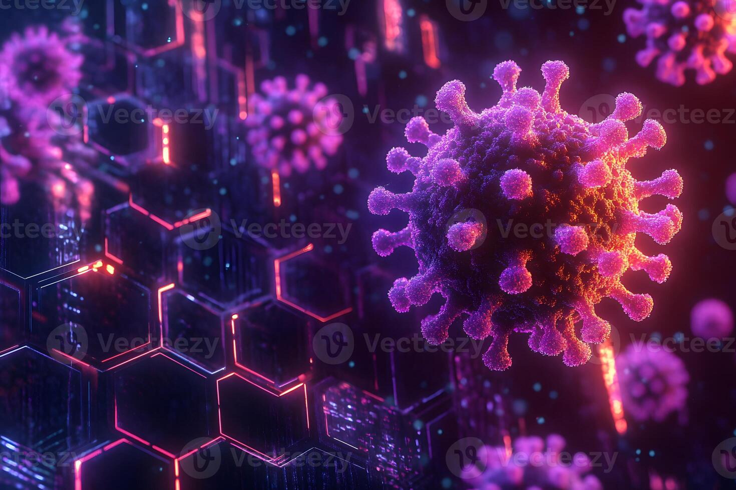 Futuristic Visualization of Virus Structure in Hexagonal Digital Space photo