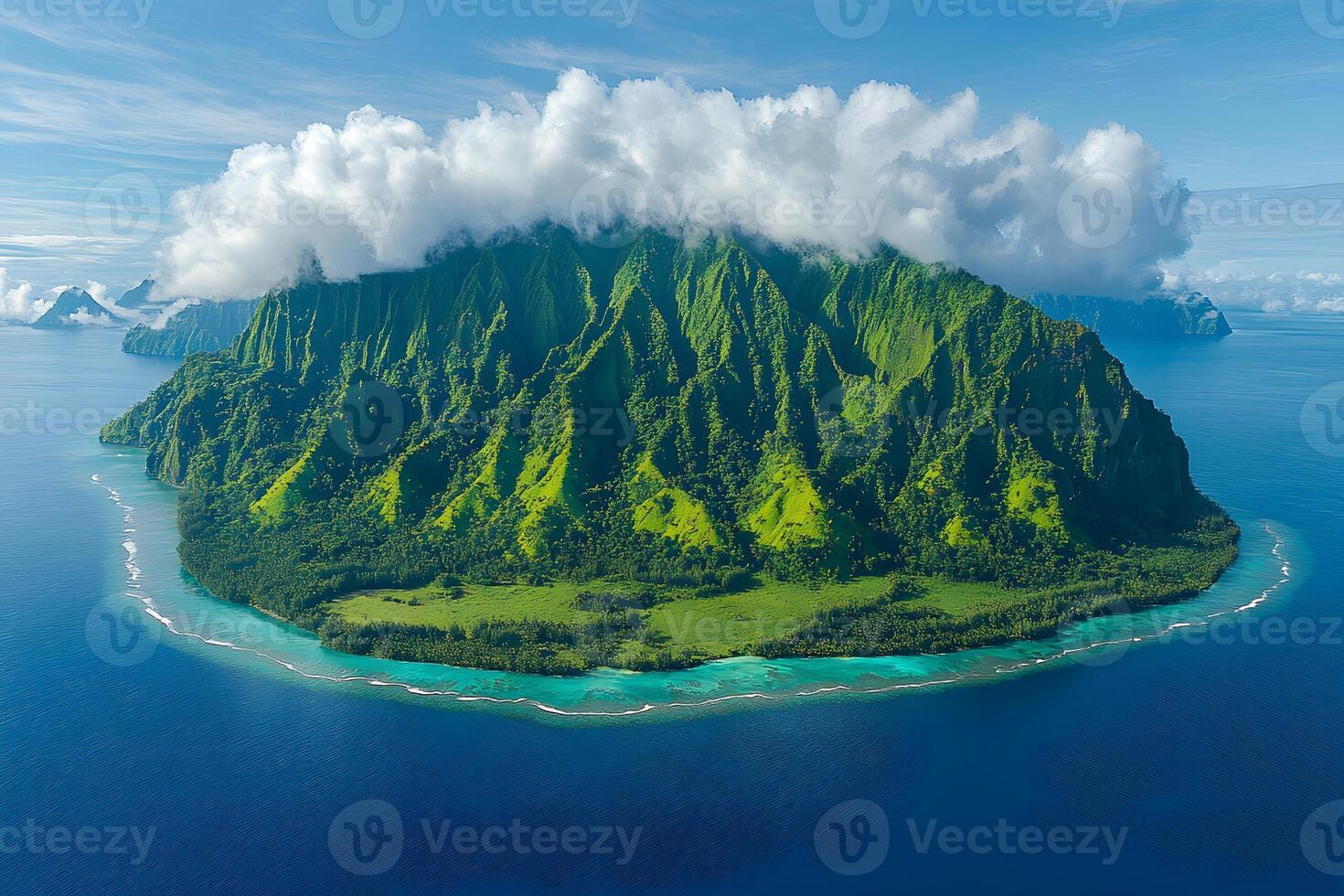 Lush Tropical Island with Majestic Mountains and Cloud-Capped Peaks Surrounded by Pristine Ocean photo