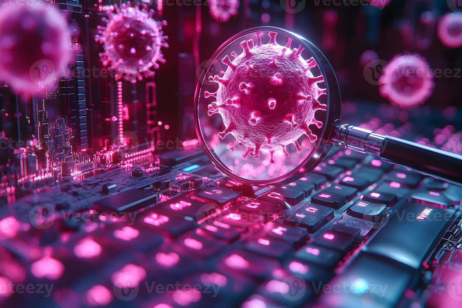 Digital Virus Concept with Magnified Virus on Circuit Board for Cybersecurity Theme photo
