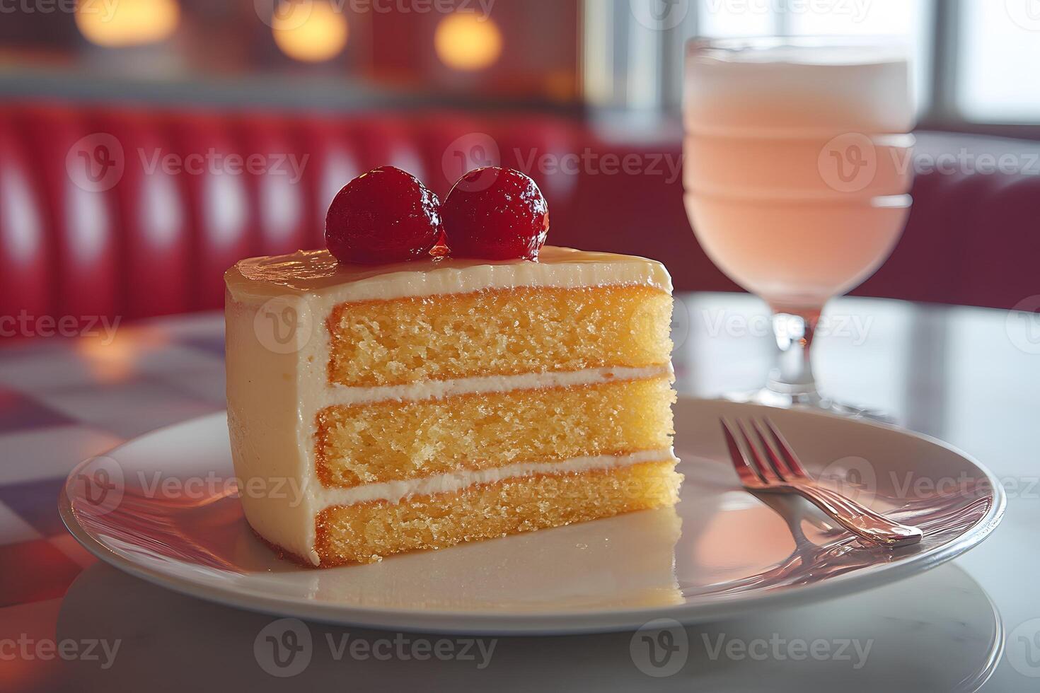 Gourmet Lemon Cake Slice with Cherries and Sparkling Ros Beverage for Elegant Dining photo