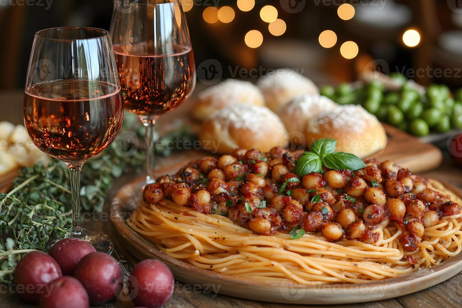 Romantic Dinner Setup with Spaghetti, Chickpeas, and Ros Wine for Intimate Dining Experience photo