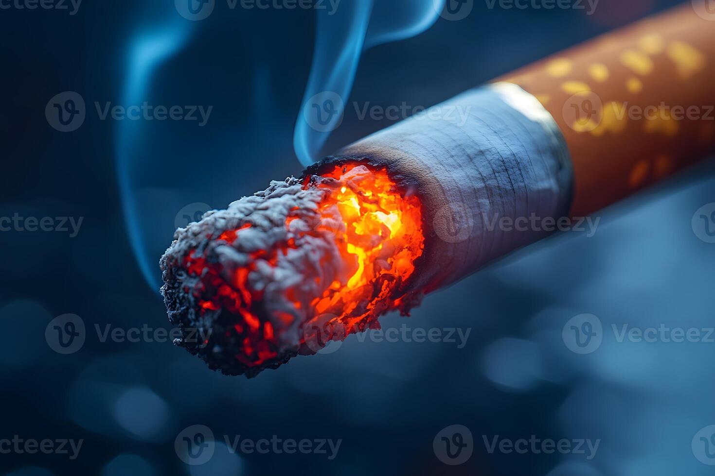 Close-Up of Burning Cigarette Tip with Smoke on Dark Background photo