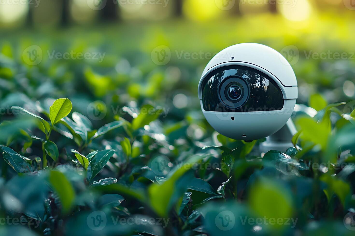 Innovative Technology Fusion Smart Surveillance Camera in Lush Greenery for Nature Observation photo