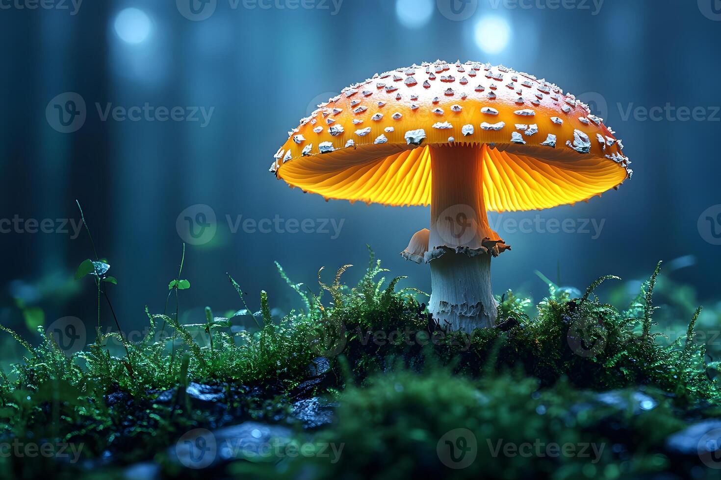 Enchanted Forest Glow Illuminated Mushroom in Mystical Woodland Scene photo
