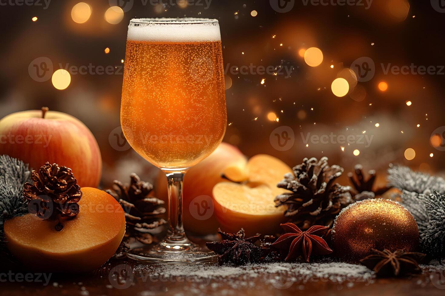 Festive Autumn Cider with Apples and Pine Cones for Holiday Celebration Design photo
