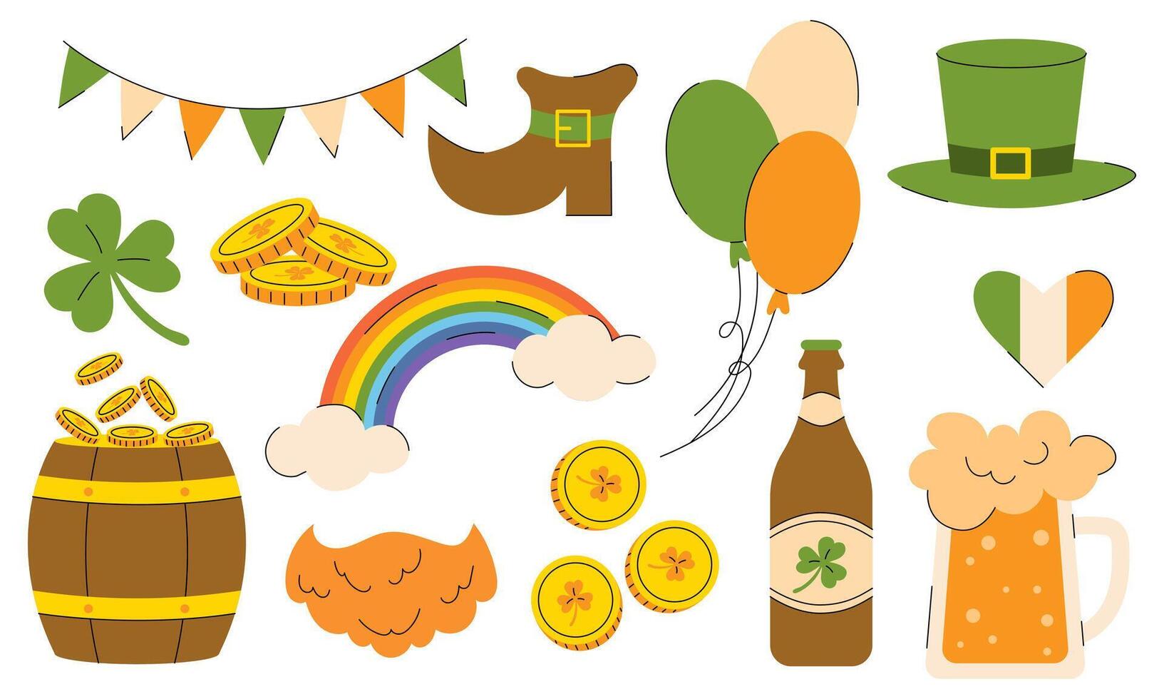 Set of elements for St. Patrick's Day with Leprechaun, rainbow, beer, gold coins, balloons, garland. illustration vector