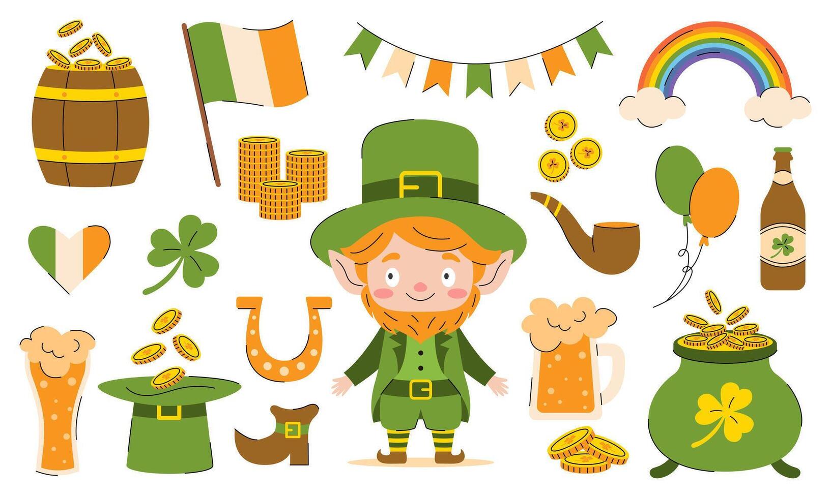 Collection of St. Patrick's Day elements with leprechaun, clover, rainbow and other symbols of the holiday on a white background. vector