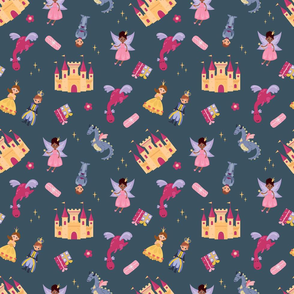 Princesses. Seamless pattern with princesses, castle, fairy, dragon, knight, prince vector