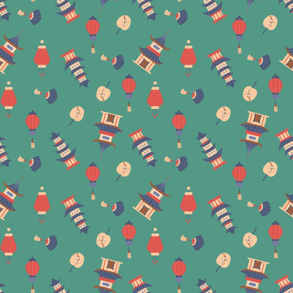 Seamless pattern with Japanese houses and lanterns. Endless textures for your design vector