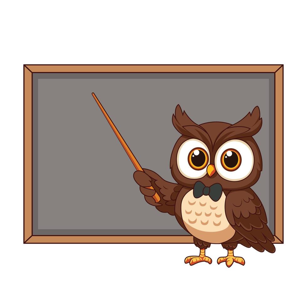 Cartoon Owl Professor with Blackboard cartoon illustration. cute and intelligent owl using a pointer to explain a lesson on a blackboard vector