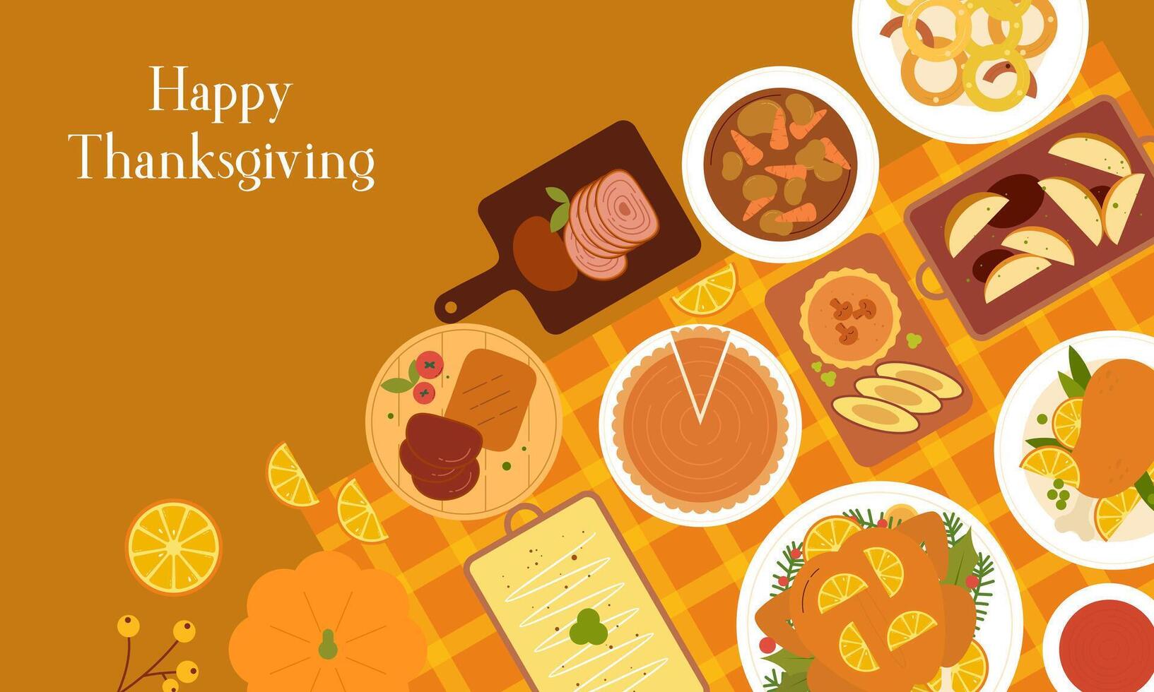 Happy Traditional Thanksgiving Dinner Table Top View Flat Design. Thanksgiving Eating Cuisine Dishes View from Above Illustration vector
