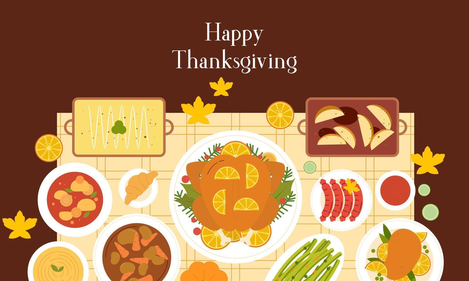 Happy Thanksgiving Dinner Table Top View Flat Design. Thanksgiving Eating Cuisine Dishes View from Above Illustration vector