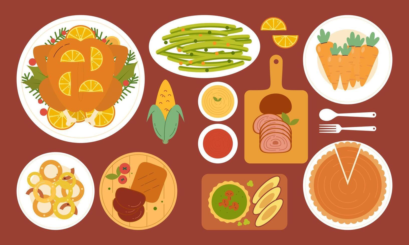 Traditional Thanksgiving Dinner Table Top View Flat Design. Set of Thanksgiving Eating Cuisine Dishes View from Above Illustration vector