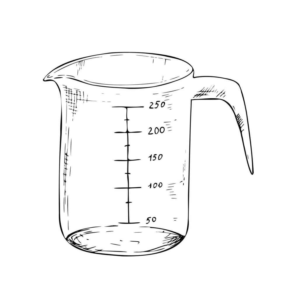 measuring cup. Graphic ink Plastic kitchen tool illustration isolated on background. Hand drawn line sketch. For designers, prints, logo, icon, menu, postcards, holiday, covers vector