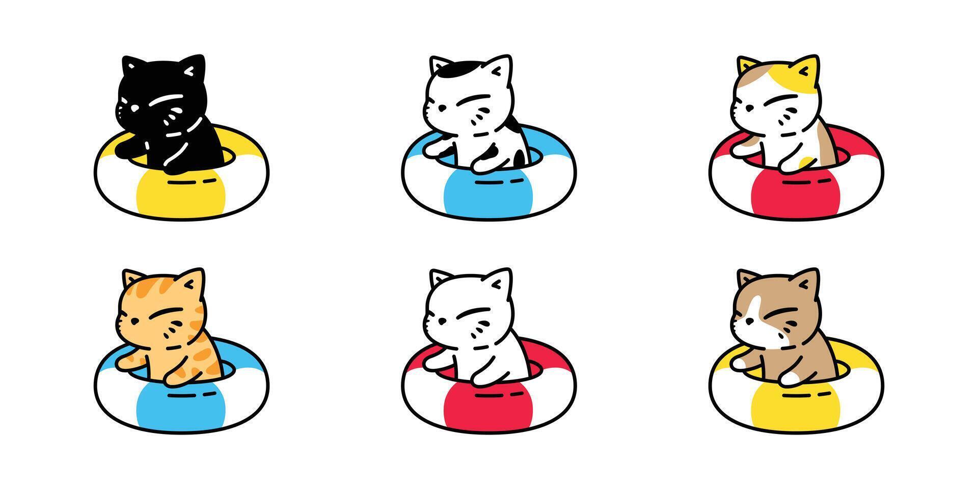 cat kitten swimming ring inflatable icon munchkin calico cartoon character swimming pool ocean pet doodle symbol illustration isolated design clip art vector