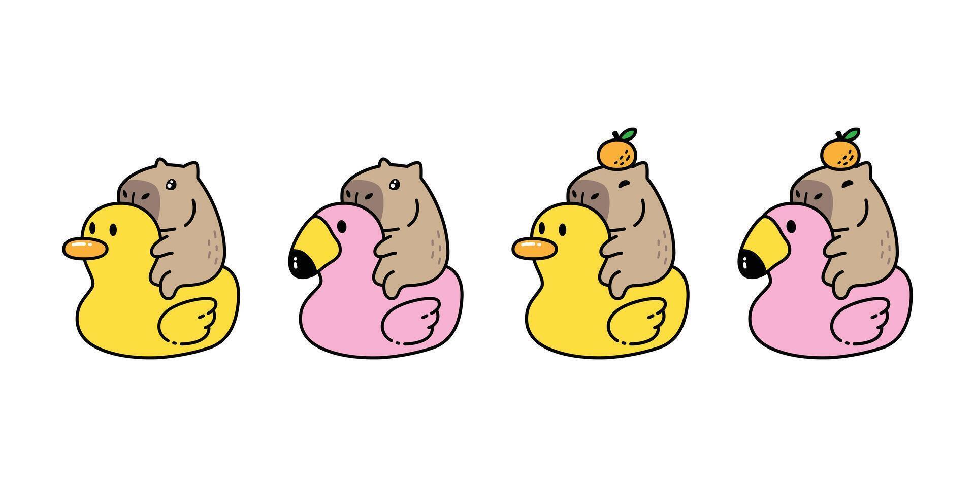 capybara duck flamingo swimming ring inflatable orange pet cartoon character icon logo symbol illustration beach pool isolated design vector