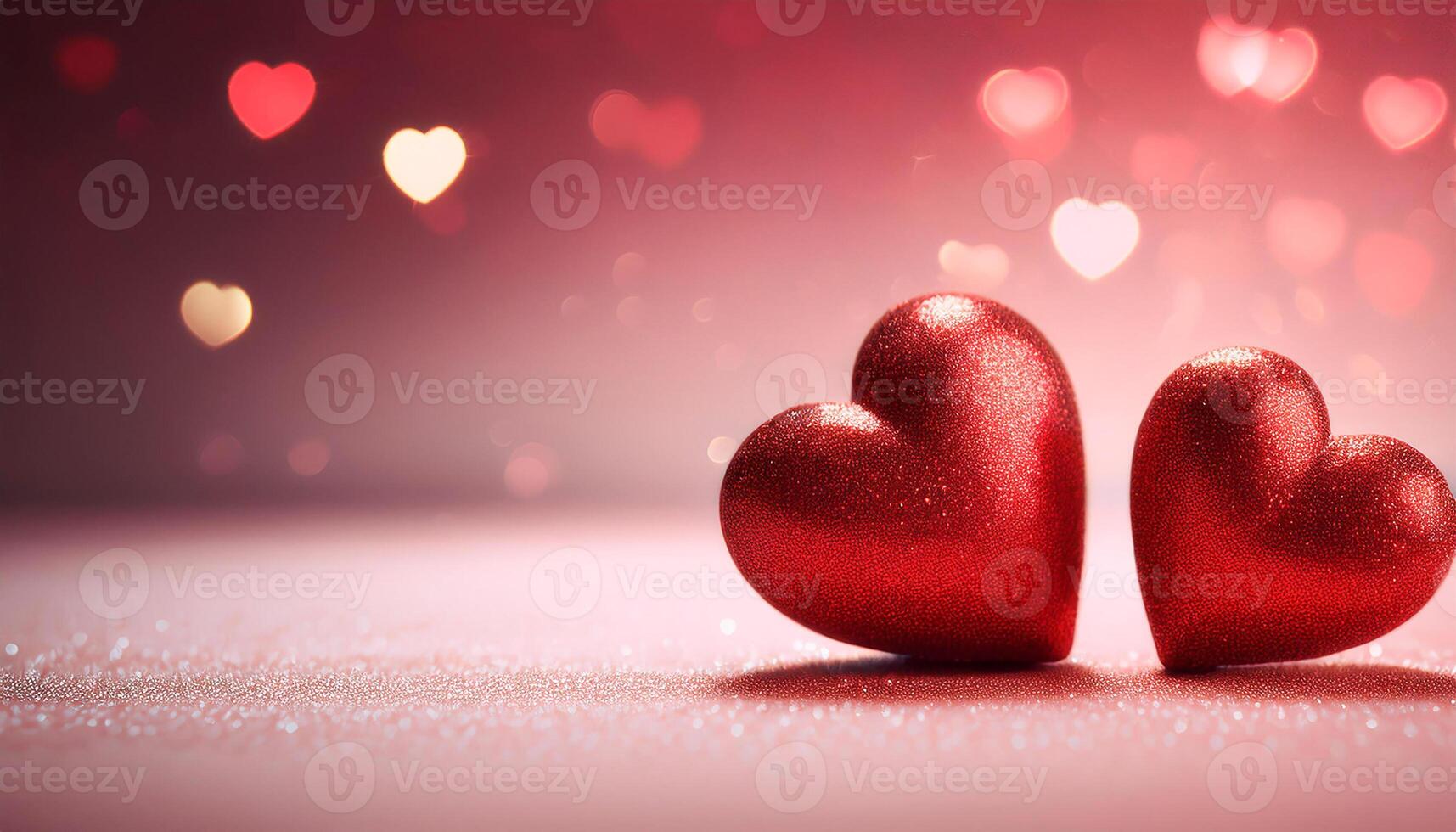 Dreamy Valentine's scene with two red hearts resting on a soft, blurred bokeh background, romance and warmth. . photo