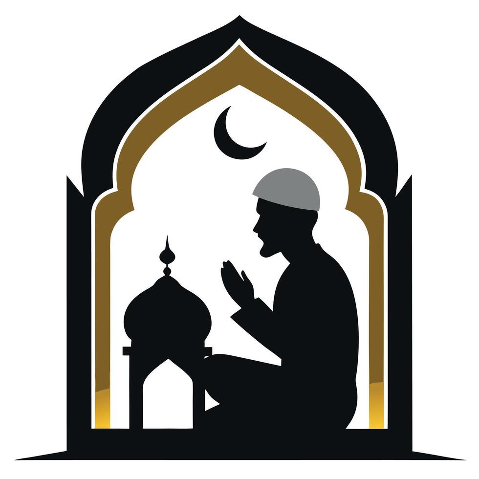 Islamic man praying in mosque with crescent and moon vector