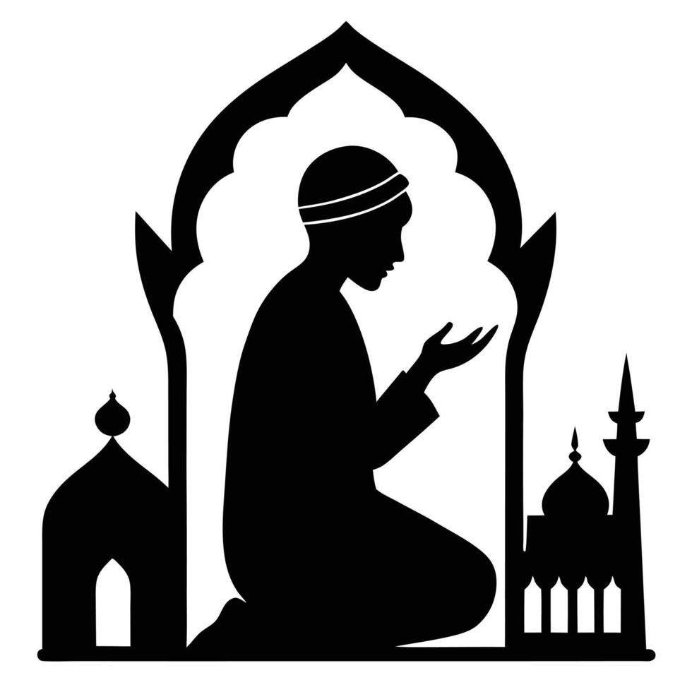 Silhouette of muslim man praying in mosque vector