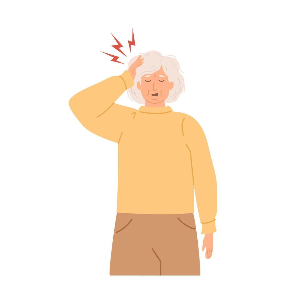 An elderly woman suffering from a headache, holding her head in pain with a distressed facial expression. The concept of migraines, stress, aging health issues, fatigue. Flat style illustration vector