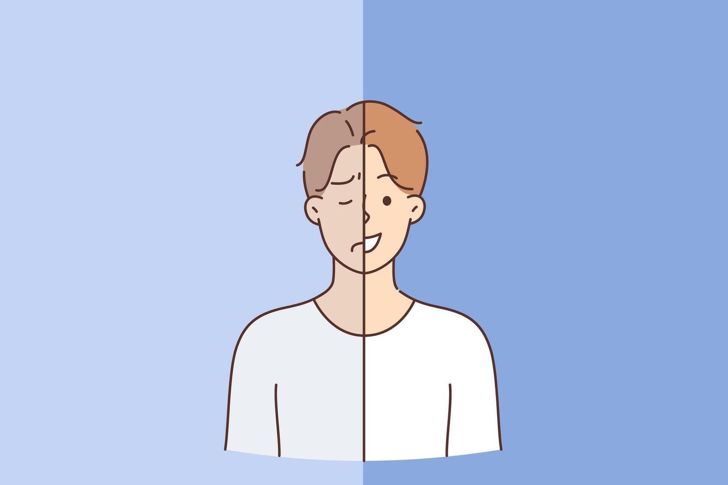 Bipolar personality disorder in man who simultaneously smiles and makes negative grimace vector