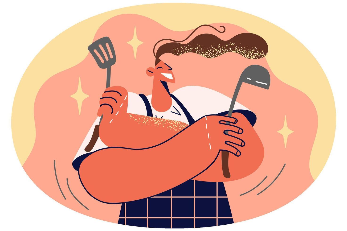 Smiling woman in apron holding kitchen utensils vector