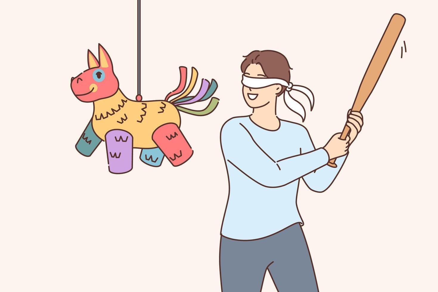 Happy man hitting pinata with baseball bat while trying to get candy at birthday party vector