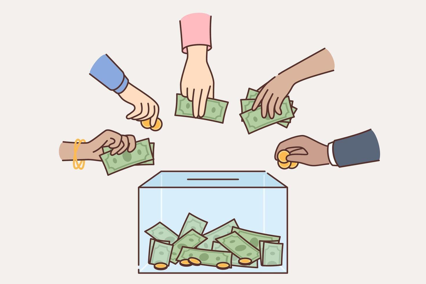 Collective collection of money or financial donations for charity and good deeds. vector