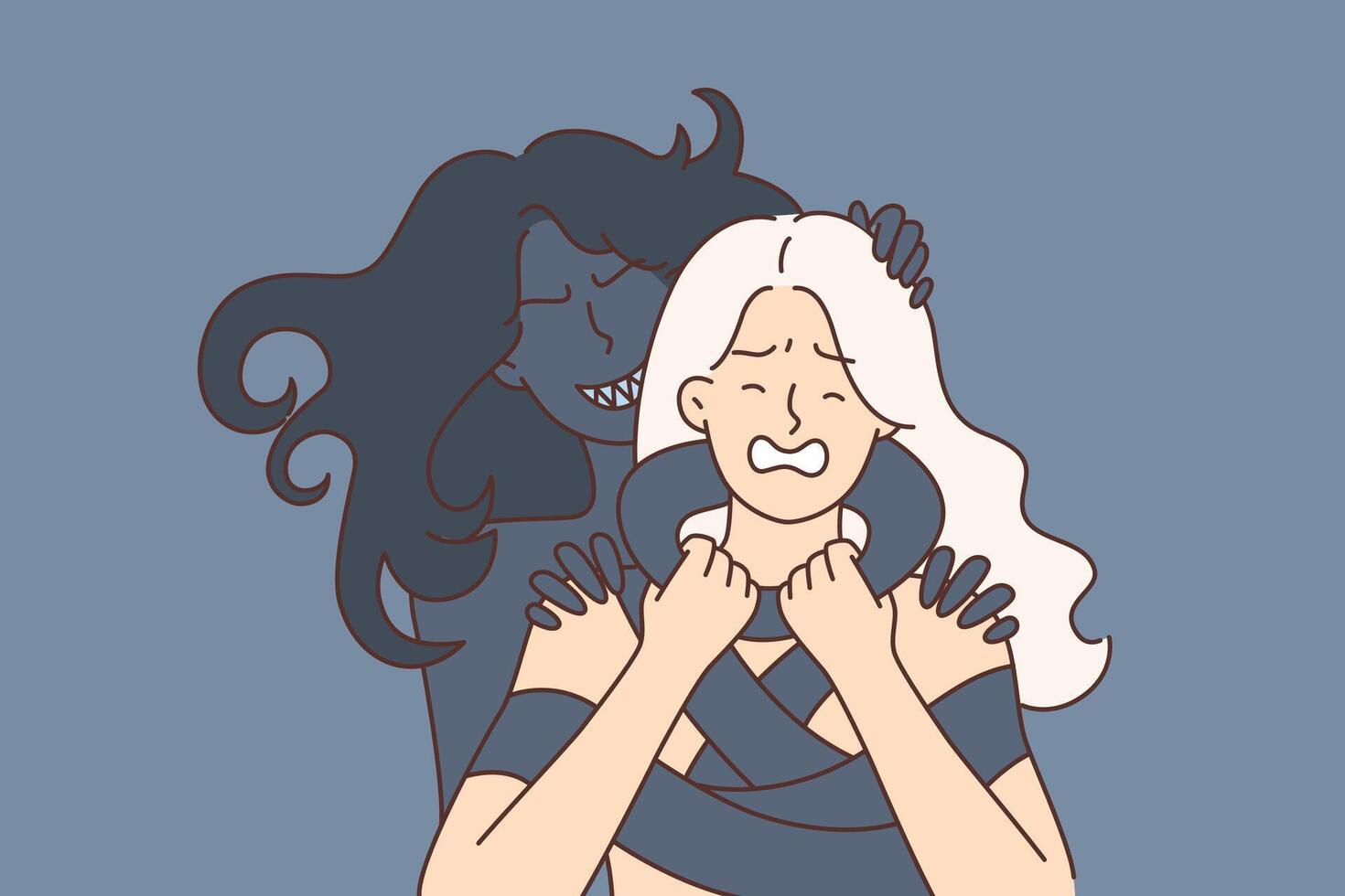 Vampire bites and strangles frightened angry woman in need due to panic attack or schizophrenia vector