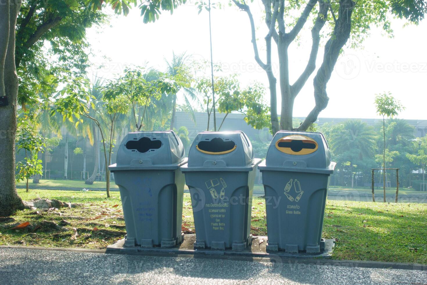 Trash bins in park with clear recycling instructions, surrounded by greenery and trees, promoting environmental awareness and cleanliness photo