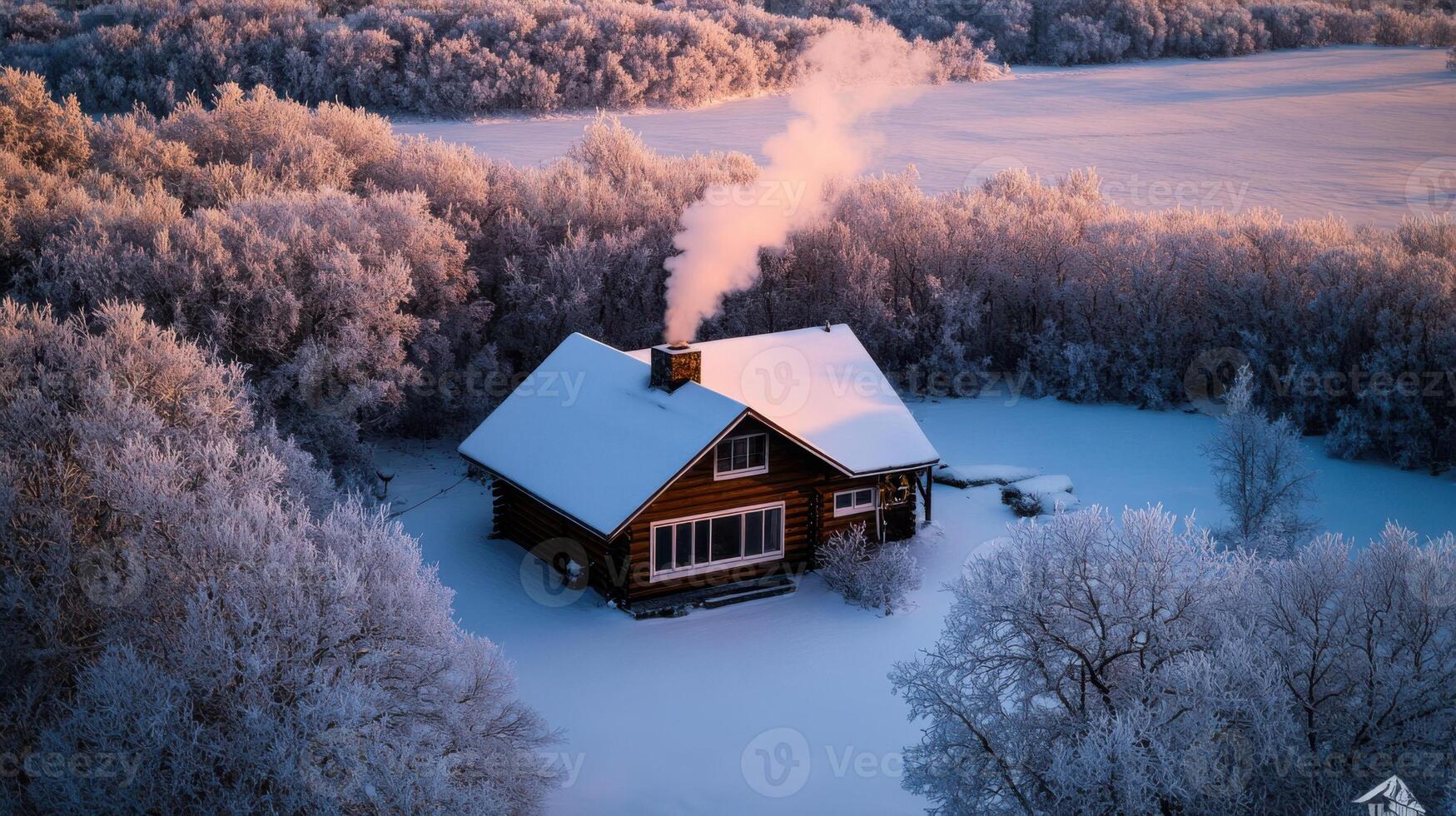 An aerial view of a cabin in the snow photo