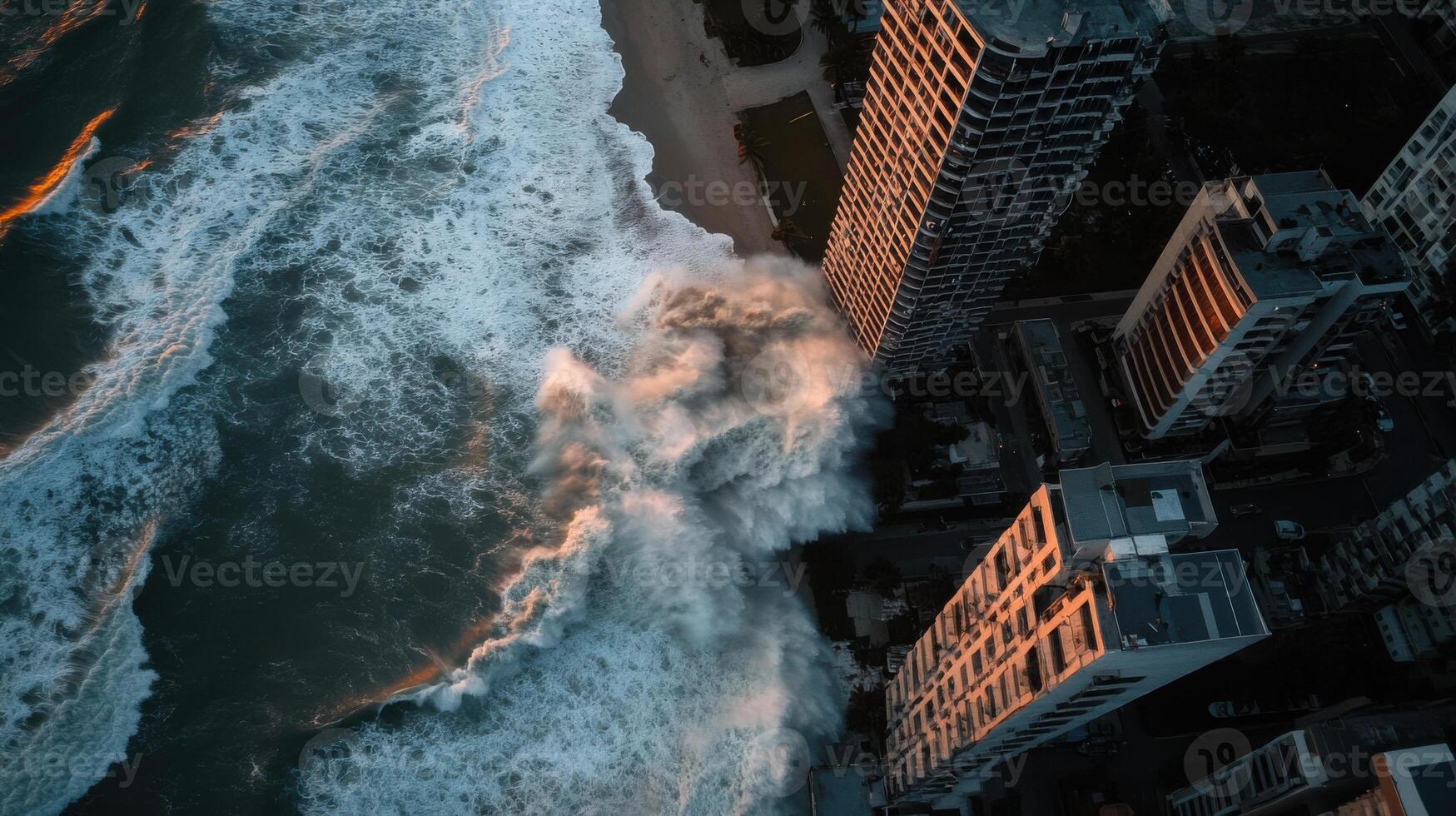 An aerial view of a city and ocean photo