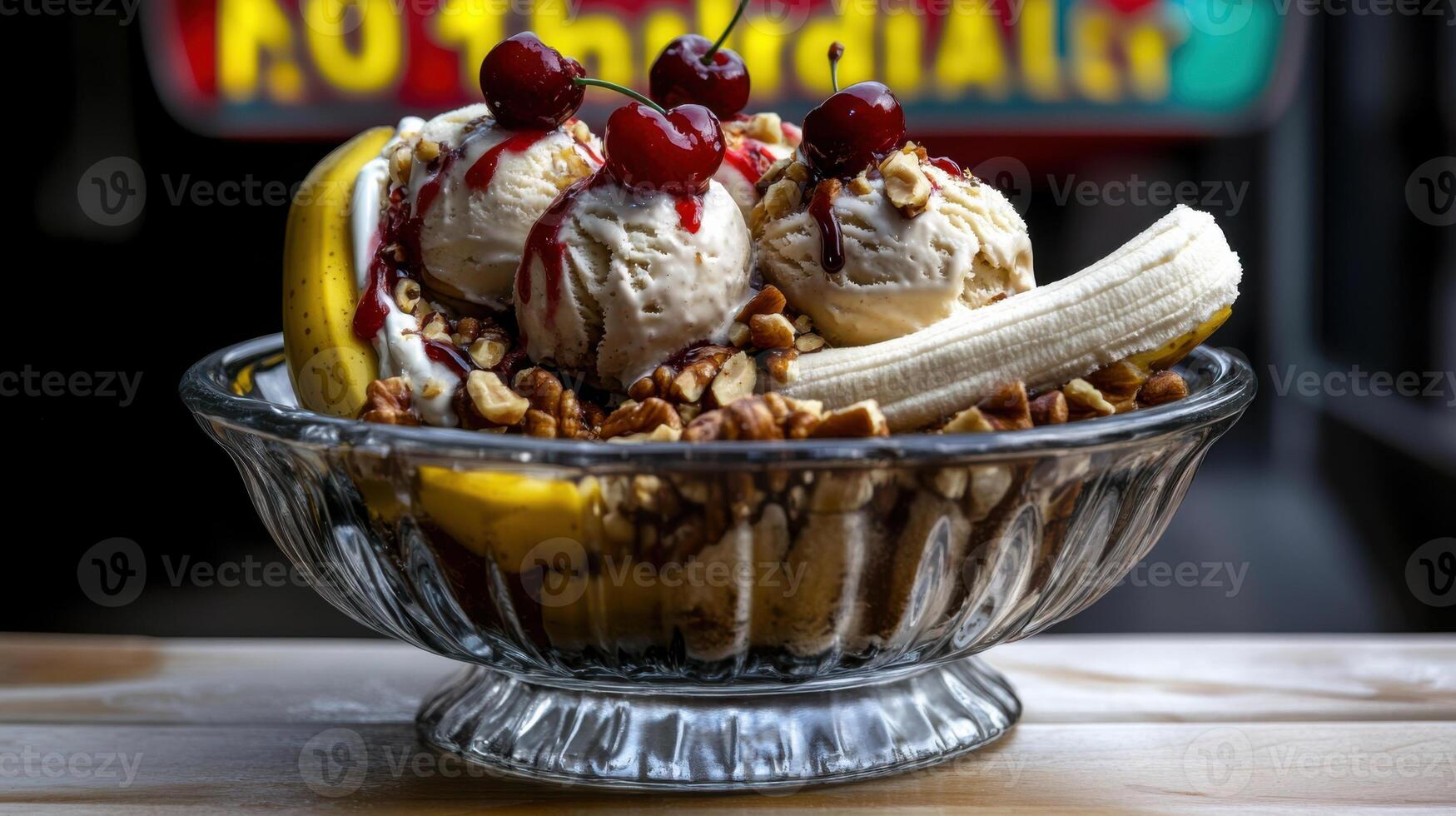 A bowl of ice cream with cherries and bananas photo