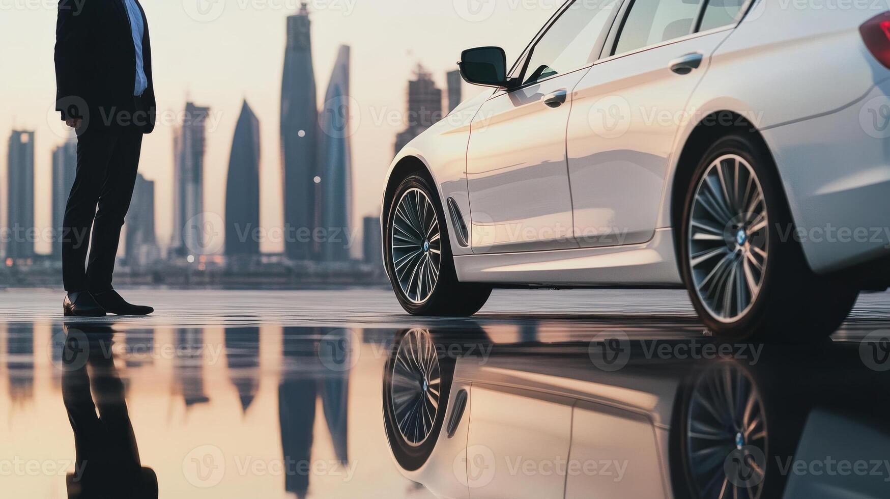 A man in a suit standing next to a white bmw car in the middle of the photo