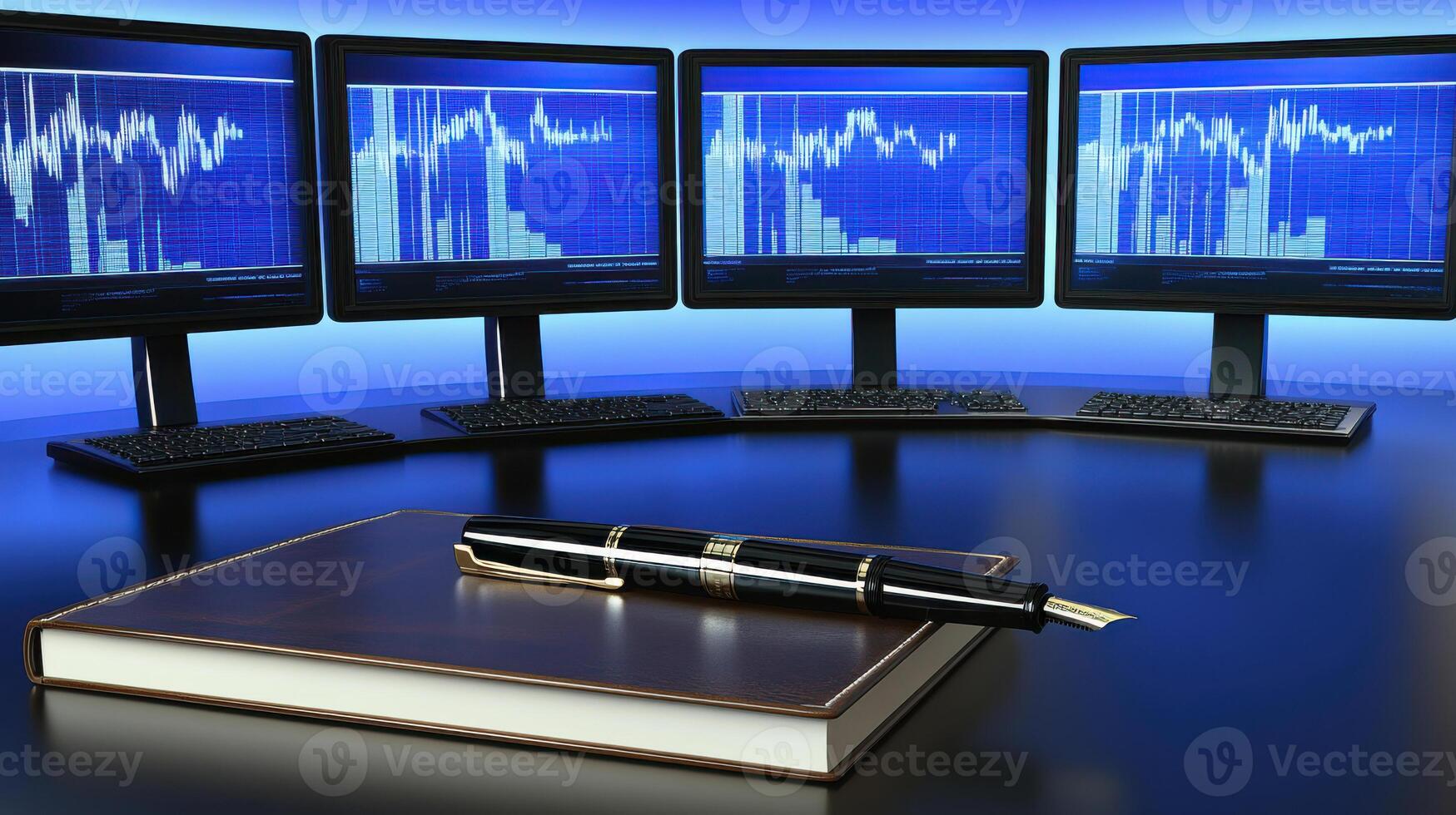 modern investor desk with multiple monitors displaying stock charts and pen photo