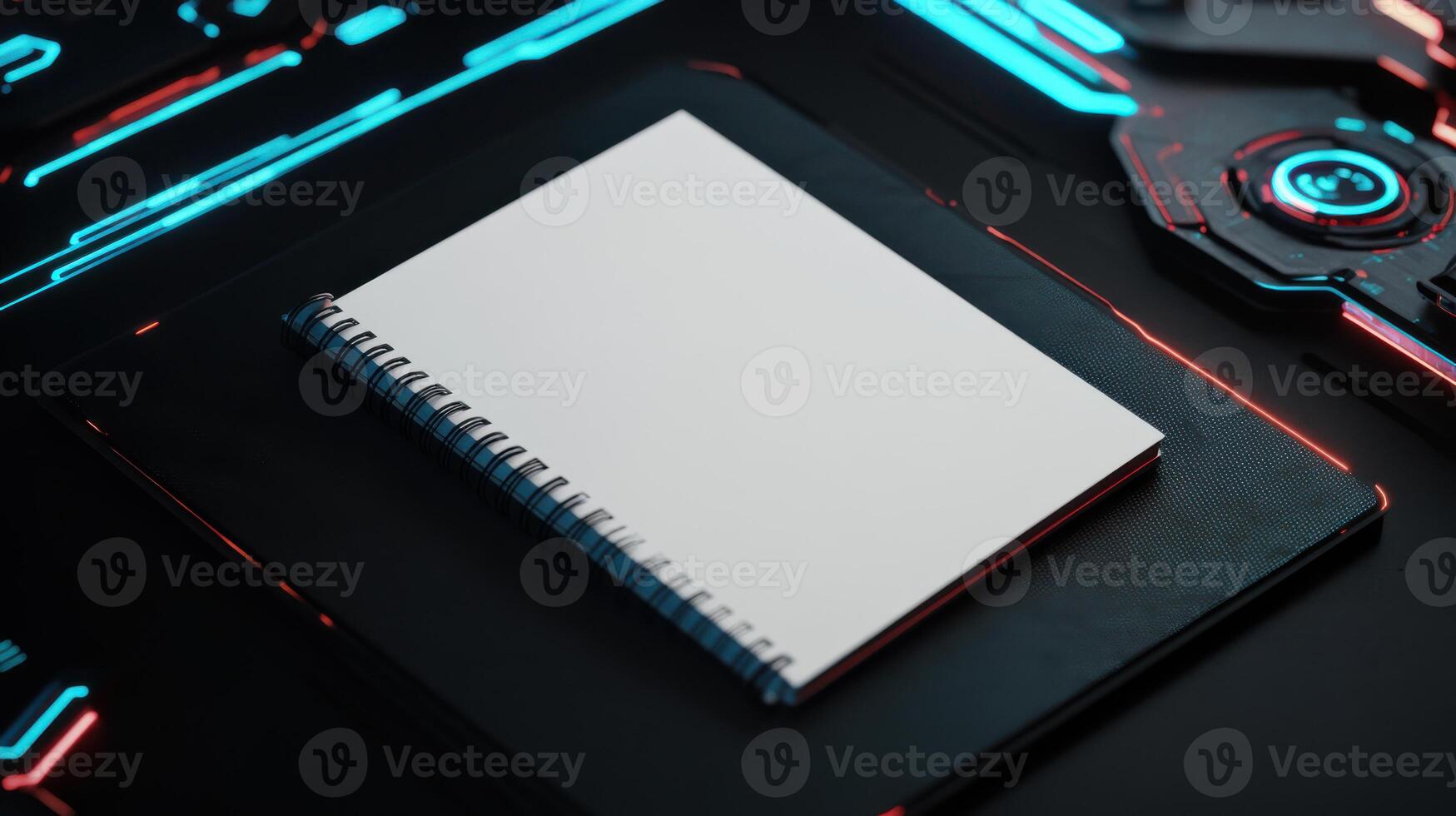 A notebook on a table with neon lights photo