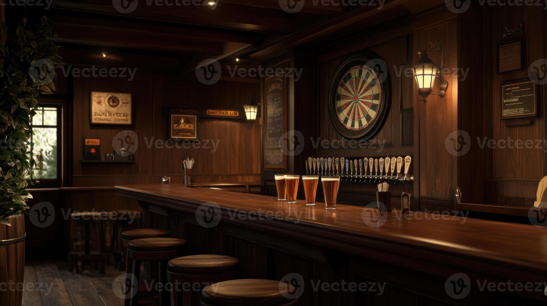 classic English pub interior with wooden bar, pints of ale, and dartboard photo
