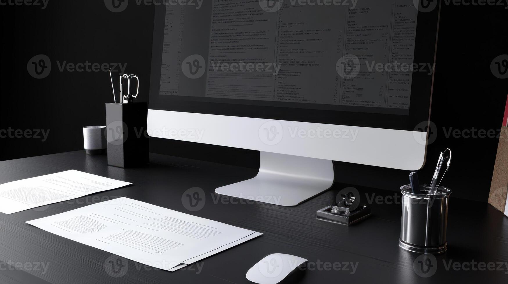 modern office desk with computer, documents, and stationery items photo