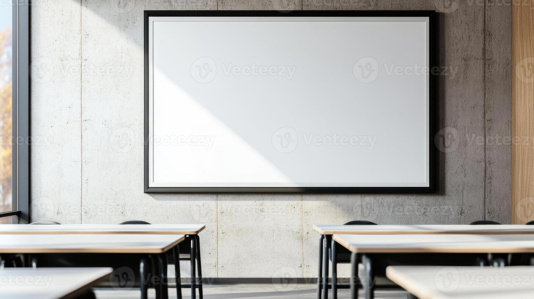 bright and airy classroom with large whiteboard and empty desks photo