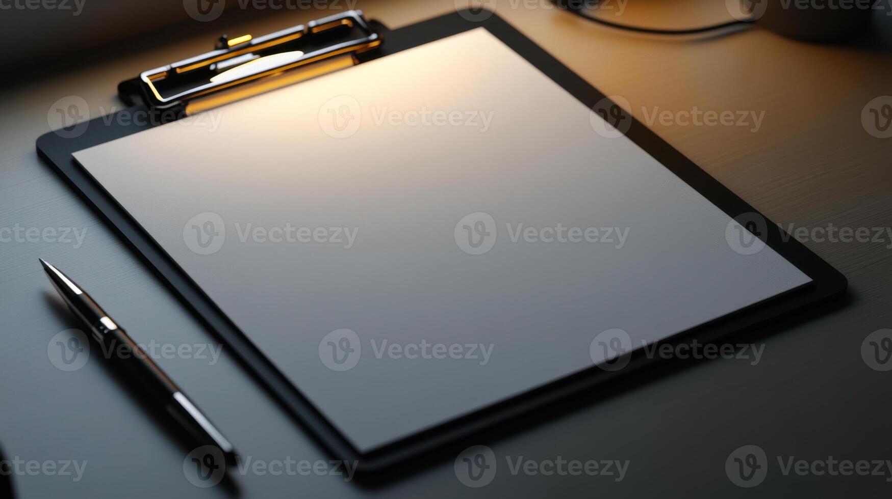 A clipboard and pen on a desk with a cup of coffee photo